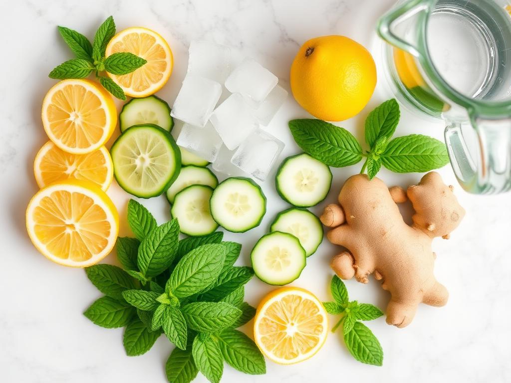 Fresh lemons, cucumber, mint, ginger and ice on a marble counter