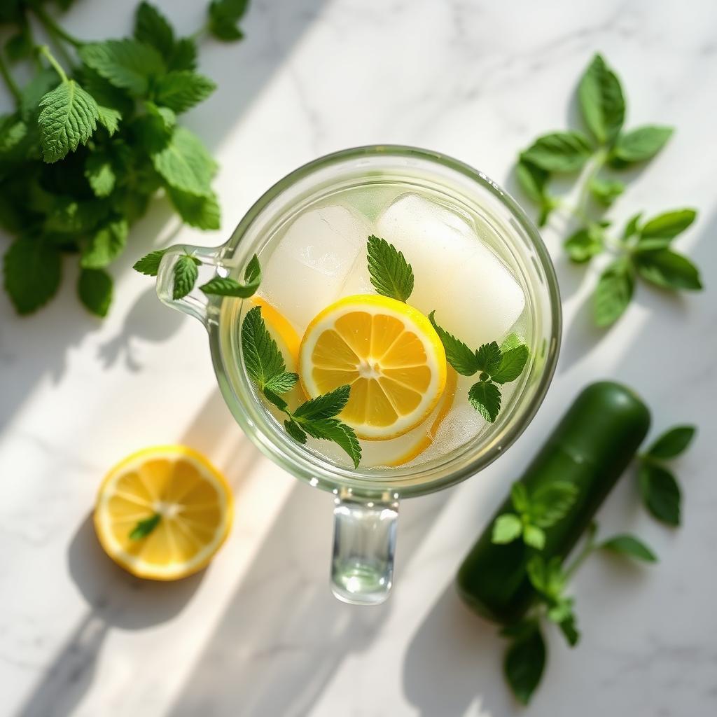 Glass pitcher of ice water with lemon, mint and cucumber on a marble countertop